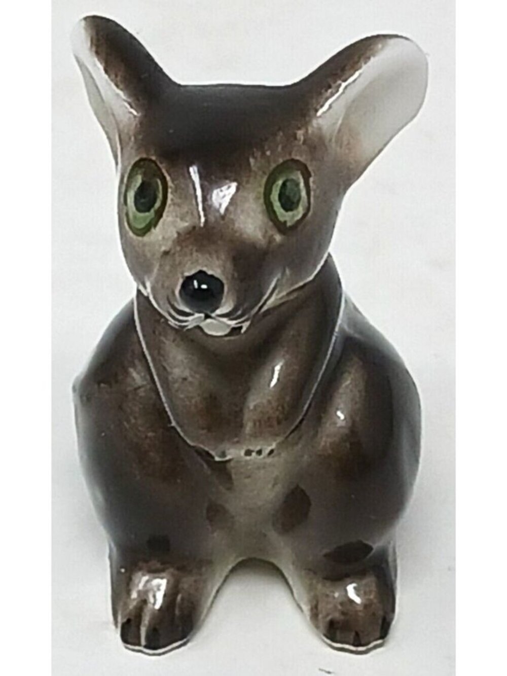 Miniature Ceramic Brown Mouse Figurine With Green Eyes Vintage #WS-3